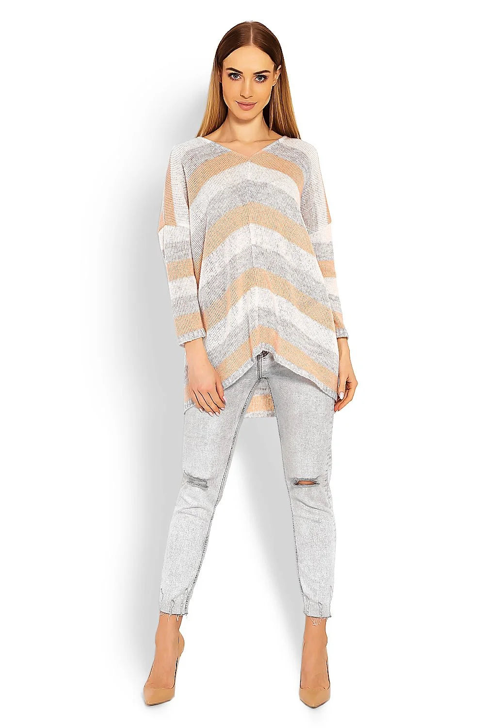 Pull en maille rayée ample femme, confort et style casual, col V manches longues