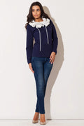 Pull Femme Coton Style Décontracté Élégant Bleu Marine avec Col Large et Cordons Confortables