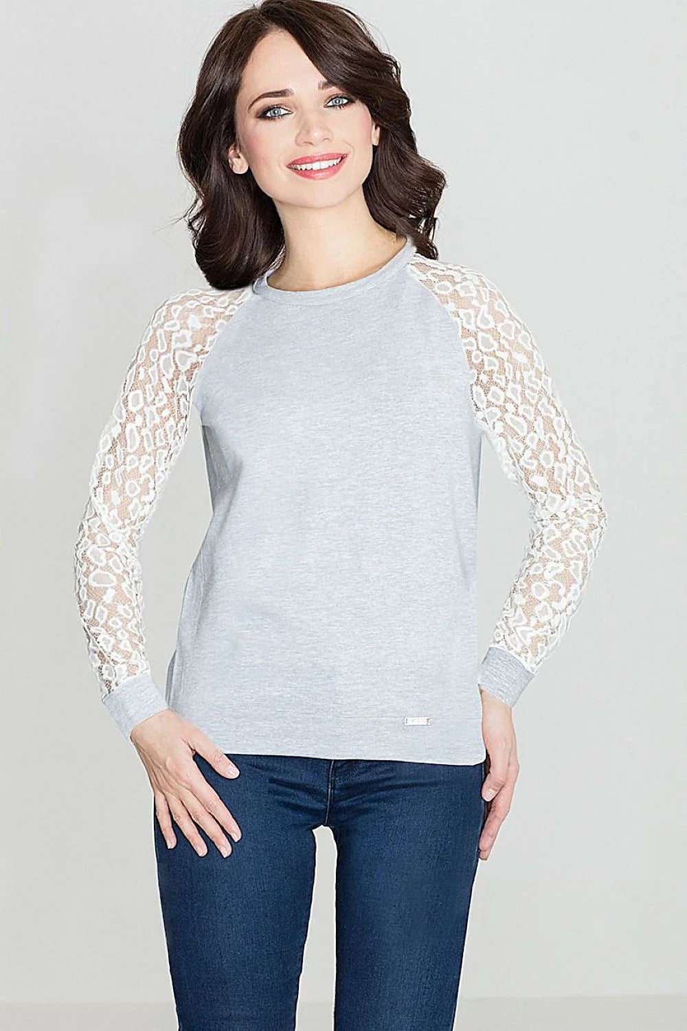 Pull Femme Dentelle Blanc Gris Clair Élégant Décontracté Manches Longues Col Rond Style Casual