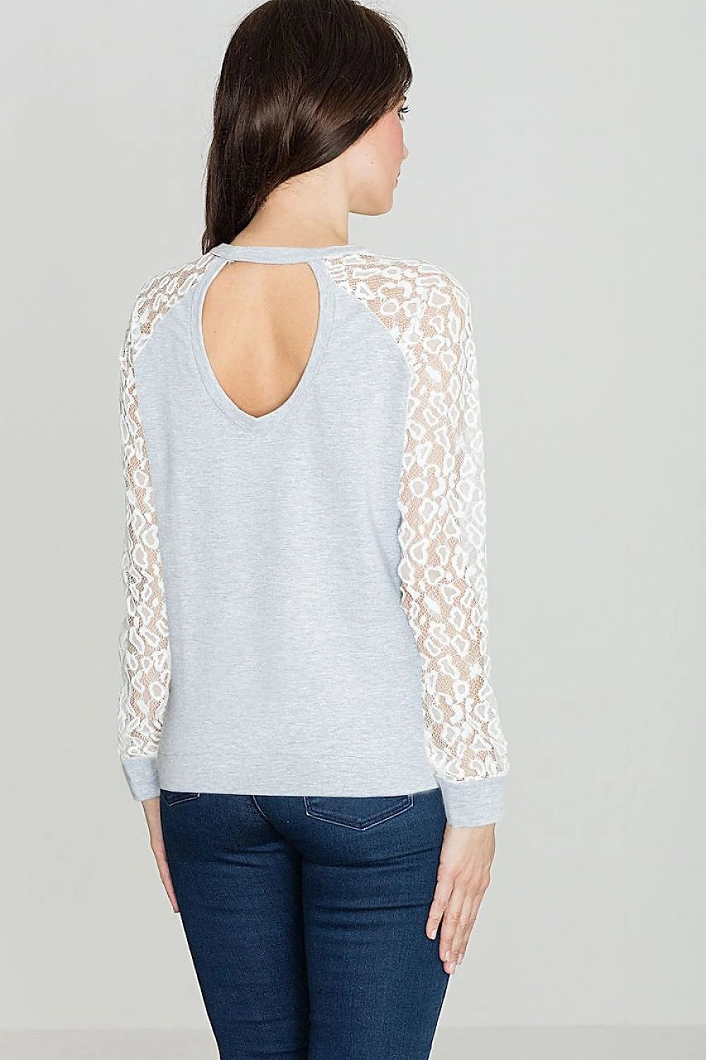 Pull Femme Dentelle Blanc Gris Clair Élégant Décontracté Manches Longues Col Rond Style Casual