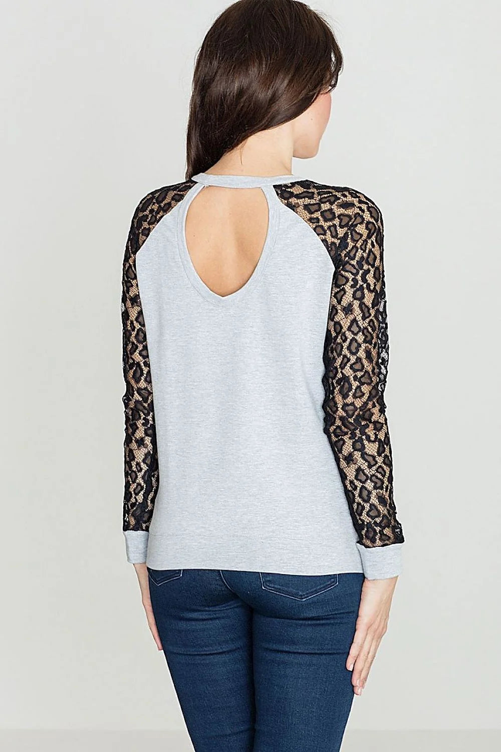 Pull Femme Dentelle Blanc Gris Clair Élégant Décontracté Manches Longues Col Rond Style Casual