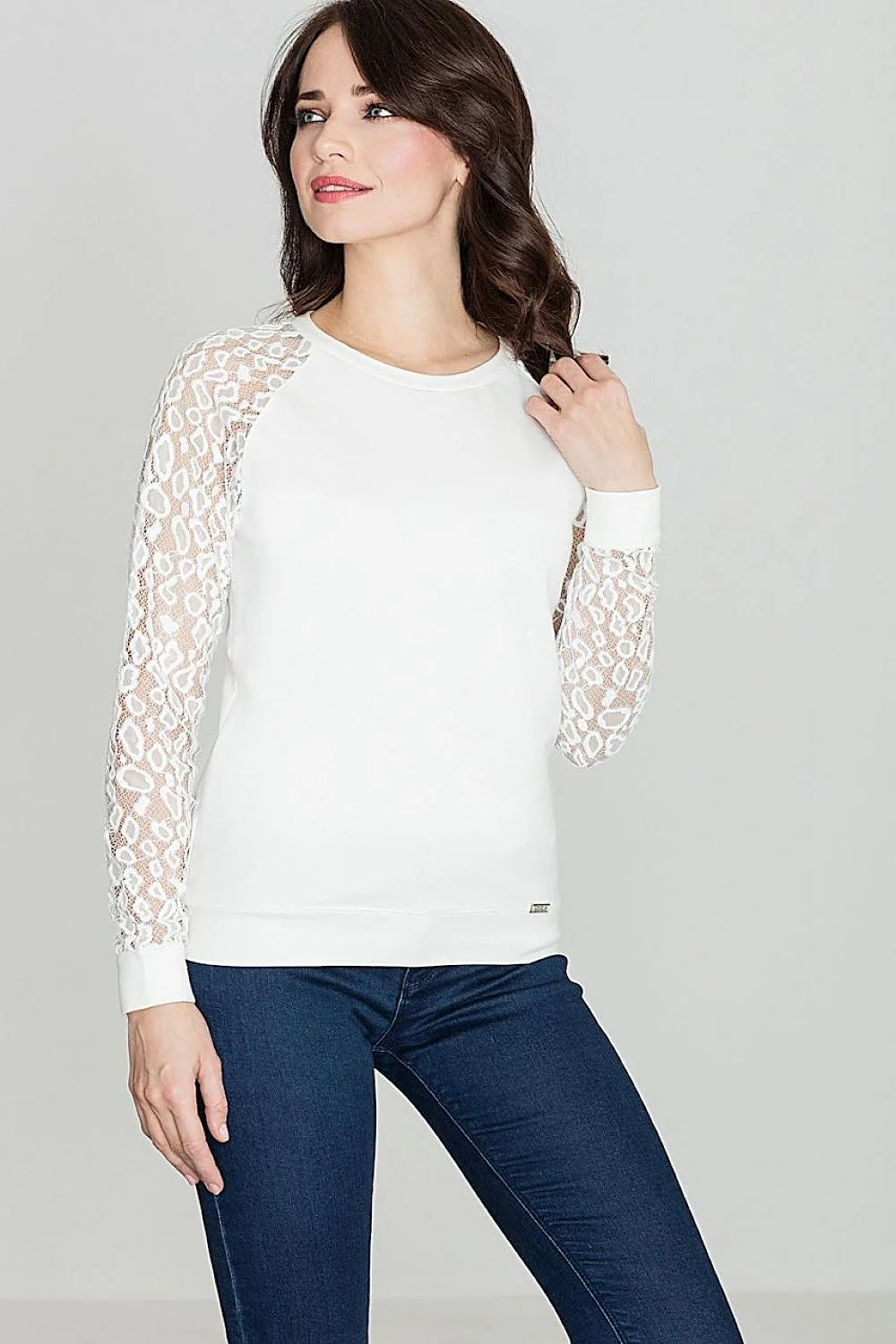 Pull Femme Dentelle Blanc Gris Clair Élégant Décontracté Manches Longues Col Rond Style Casual