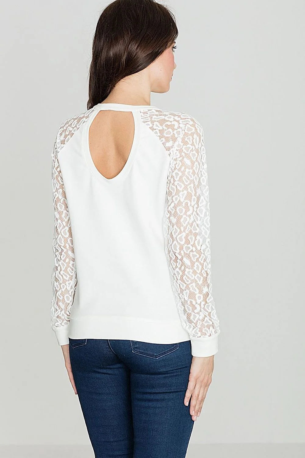 Pull Femme Dentelle Blanc Gris Clair Élégant Décontracté Manches Longues Col Rond Style Casual