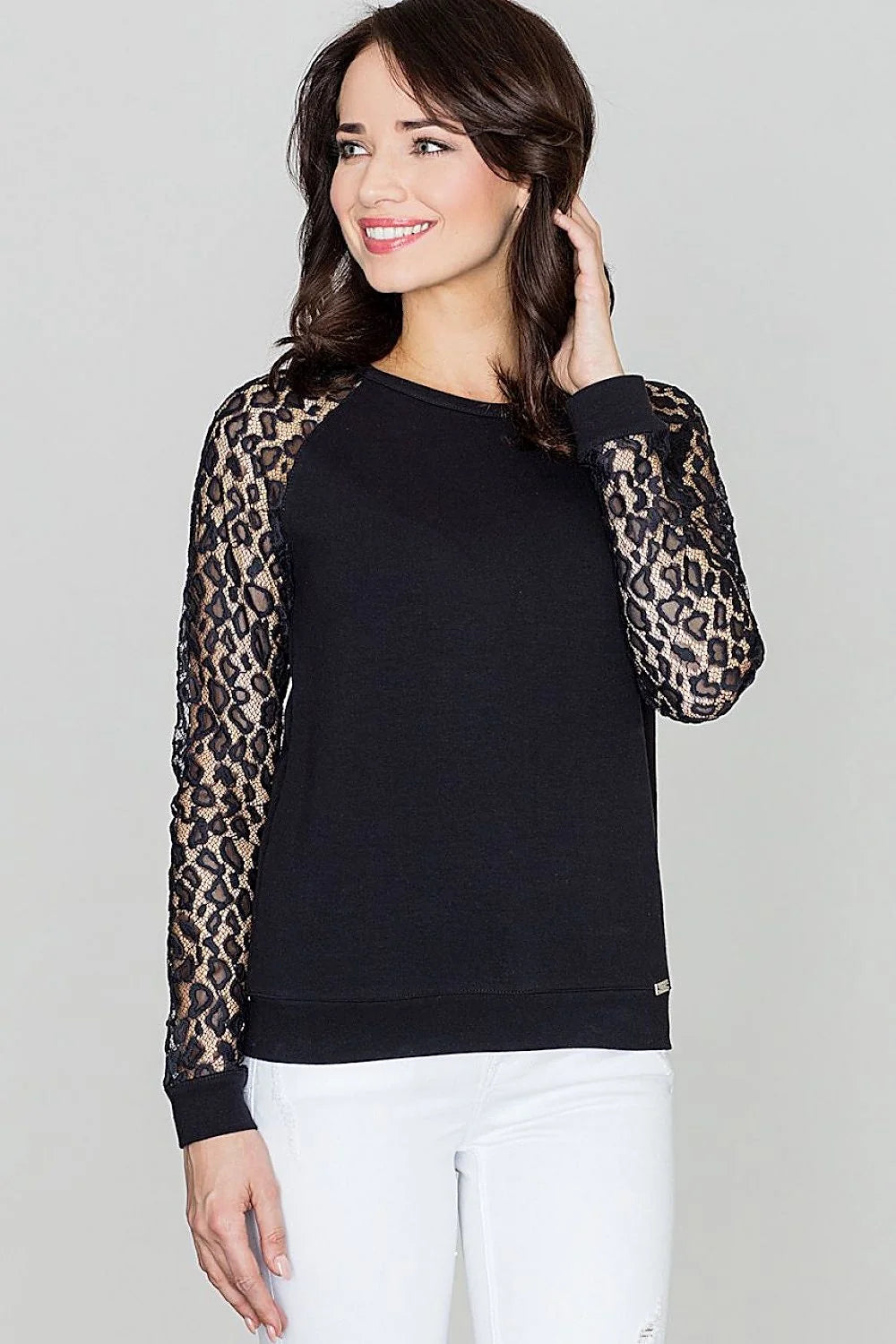 Pull Femme Dentelle Blanc Gris Clair Élégant Décontracté Manches Longues Col Rond Style Casual