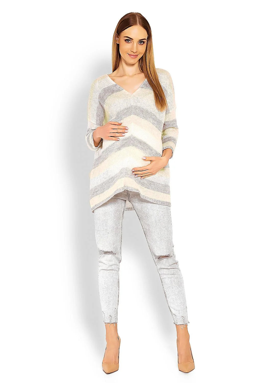 Pull grossesse maille rayé confortable élégant pour futures mamans mode décontractée col V oversize