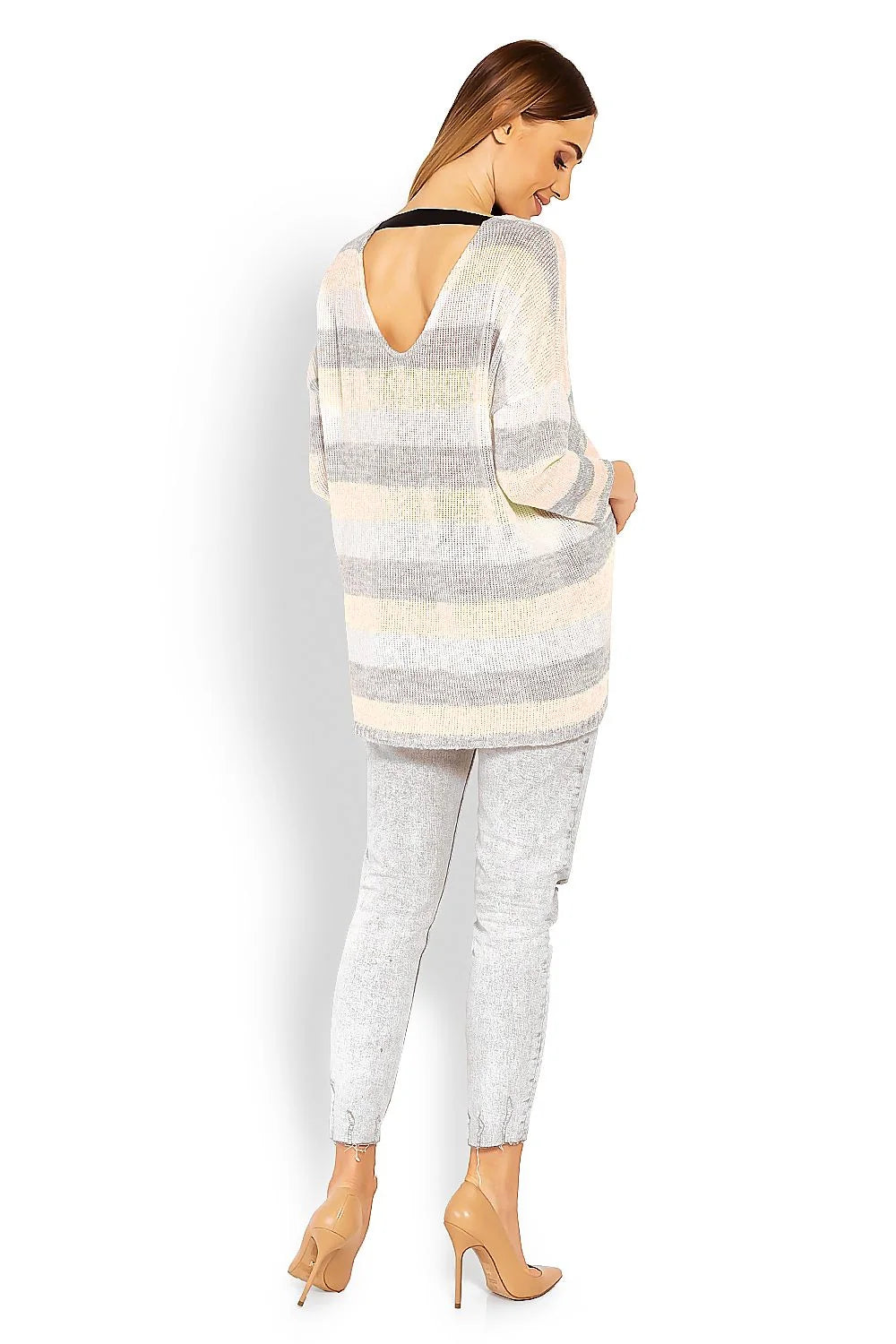 Pull grossesse maille rayé confortable élégant pour futures mamans mode décontractée col V oversize