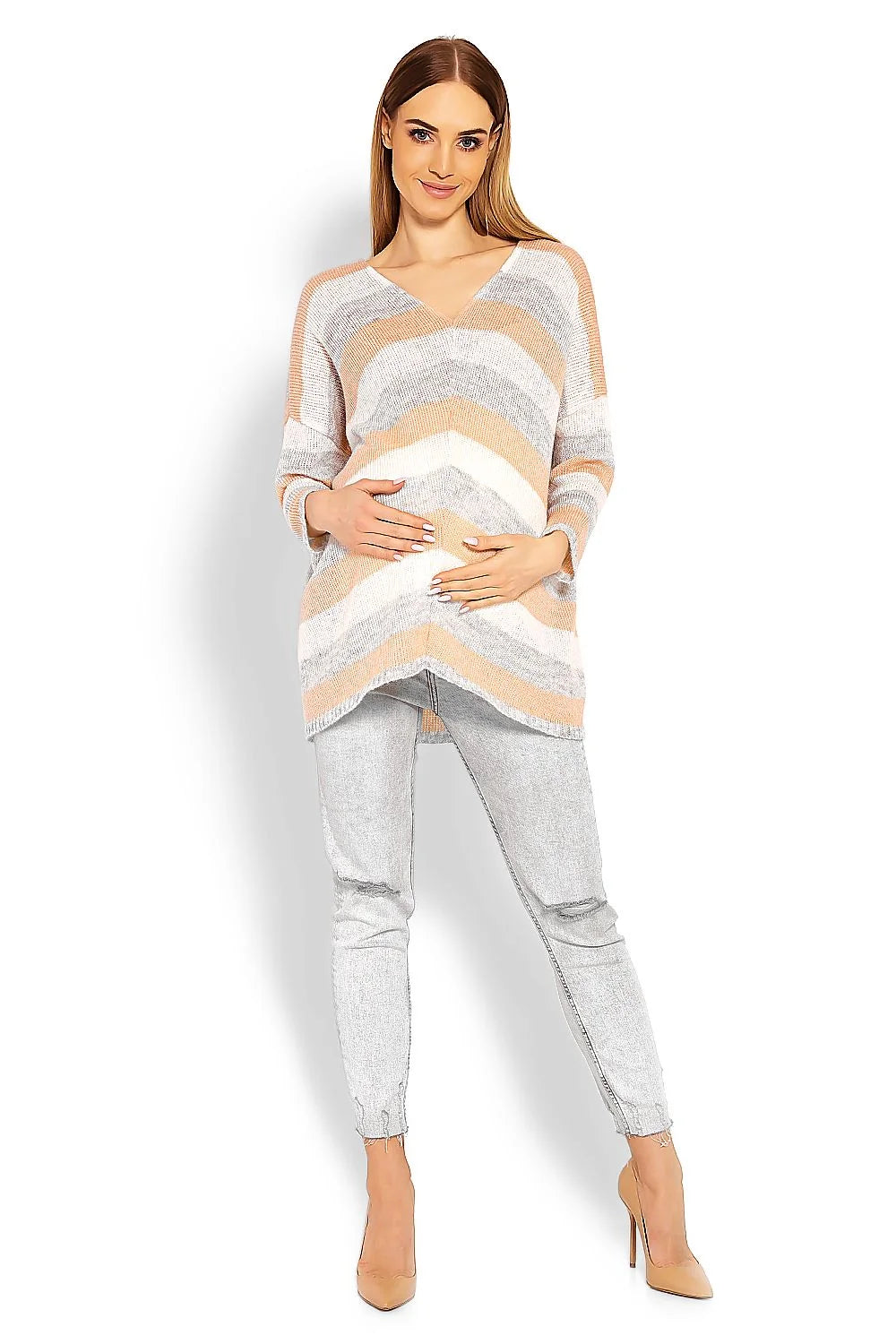 Pull grossesse maille rayé confortable élégant pour futures mamans mode décontractée col V oversize