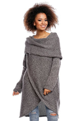 Pull long en maille grise chinée avec col tombant confortable pour style casual décontracté féminin