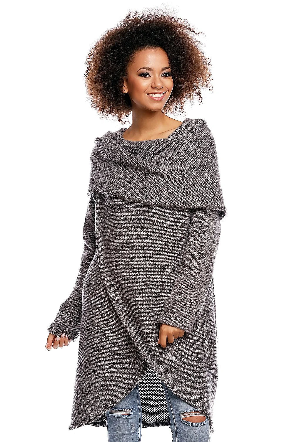 Pull long en maille grise chinée avec col tombant confortable pour style casual décontracté féminin