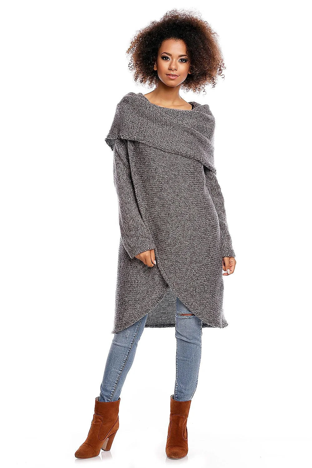 Pull long en maille grise chinée avec col tombant confortable pour style casual décontracté féminin