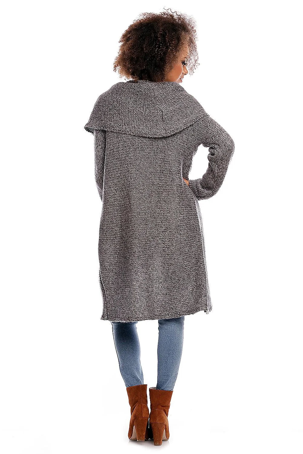 Pull long en maille grise chinée avec col tombant confortable pour style casual décontracté féminin