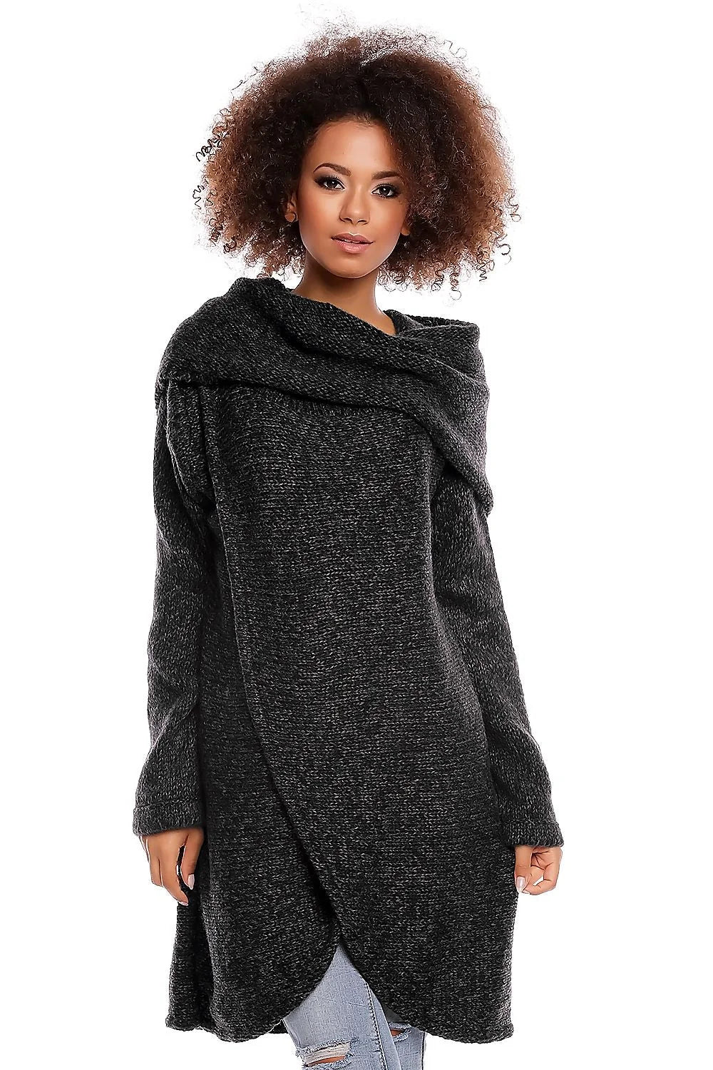 Pull long en maille grise chinée avec col tombant confortable pour style casual décontracté féminin