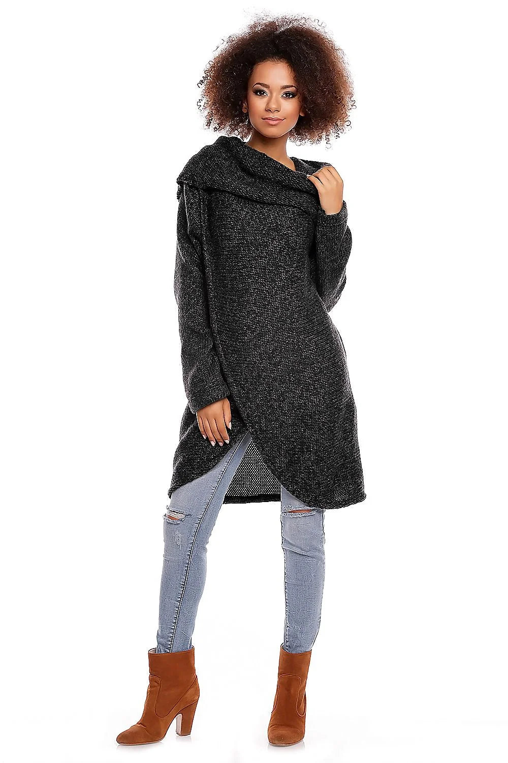 Pull long en maille grise chinée avec col tombant confortable pour style casual décontracté féminin