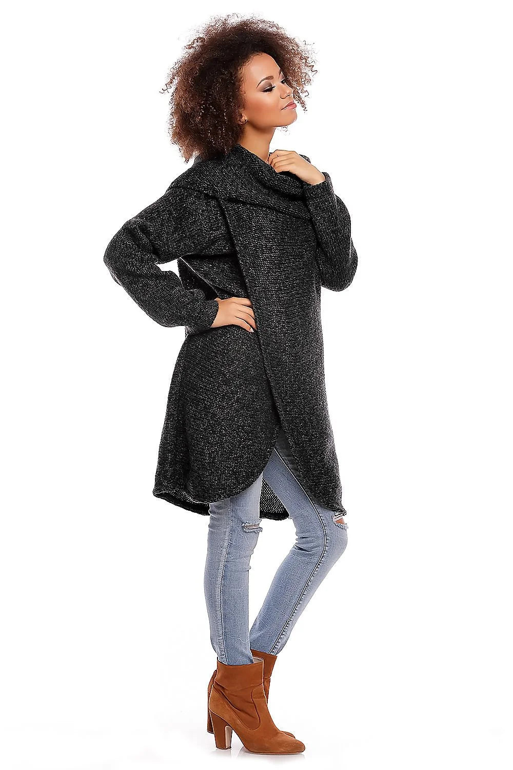 Pull long en maille grise chinée avec col tombant confortable pour style casual décontracté féminin