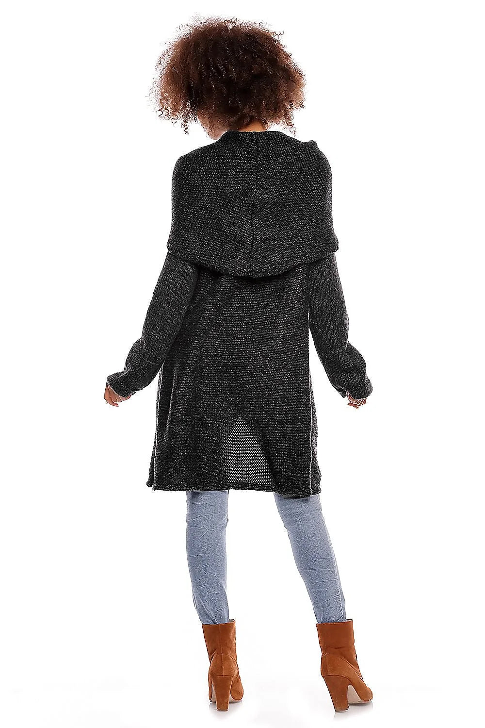 Pull long en maille grise chinée avec col tombant confortable pour style casual décontracté féminin