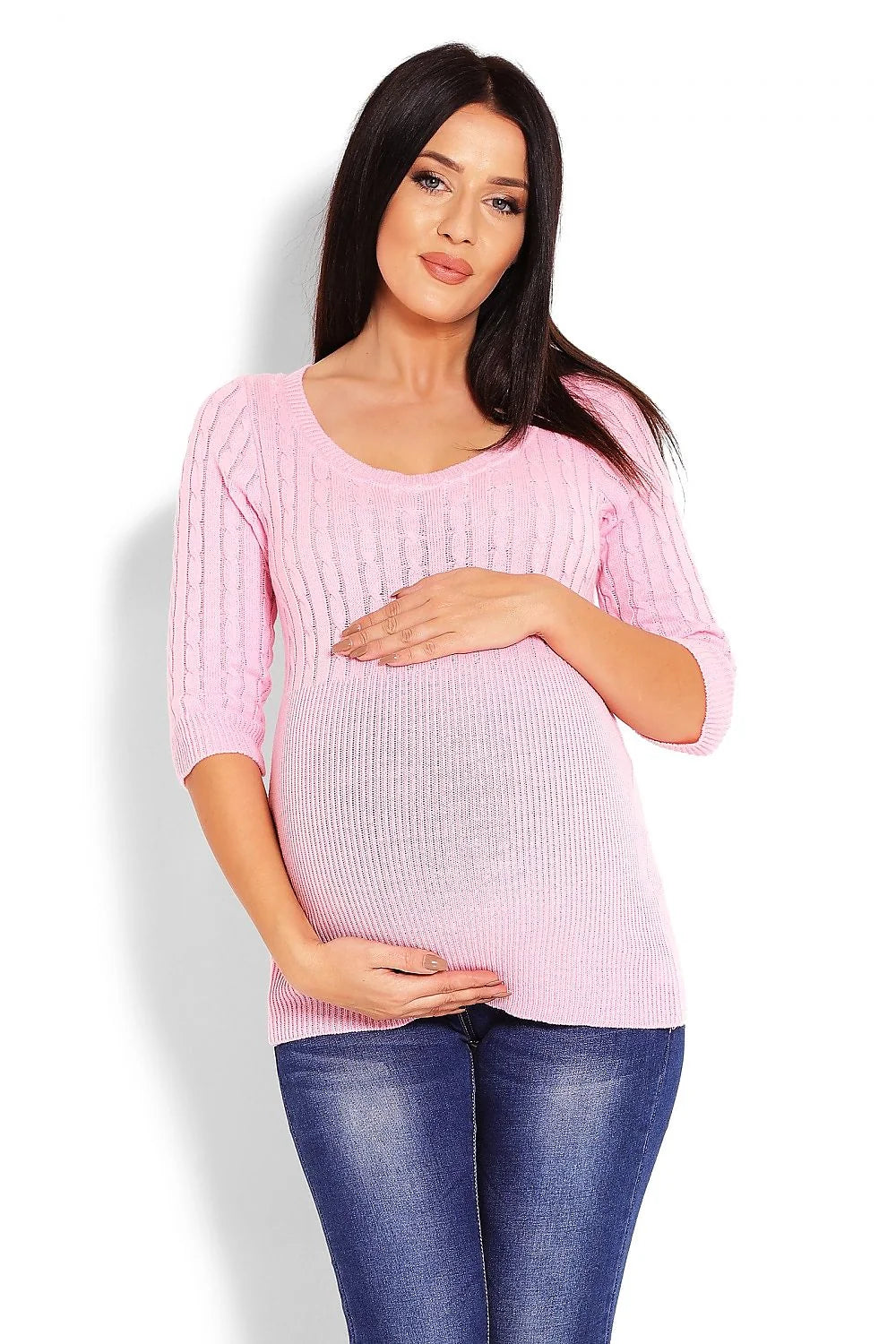 Pull maternité tricot maille torsadée rose clair confortable manches trois-quarts style élégant futures mamans
