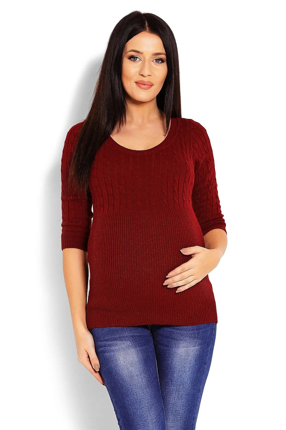Pull maternité tricot maille torsadée rose clair confortable manches trois-quarts style élégant futures mamans