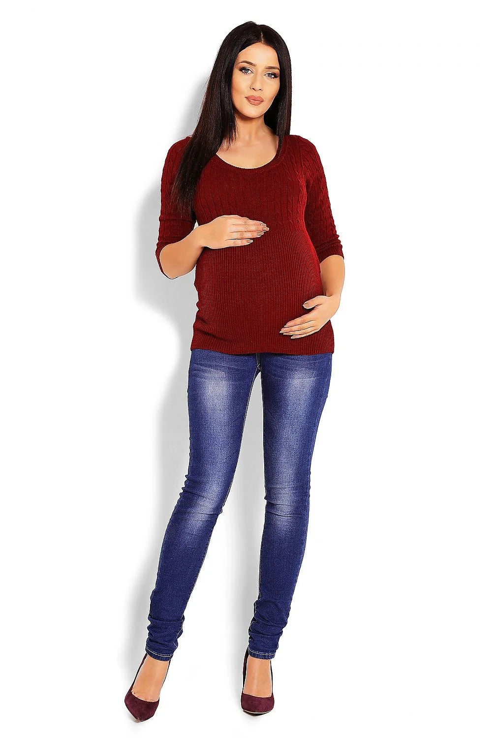 Pull maternité tricot maille torsadée rose clair confortable manches trois-quarts style élégant futures mamans