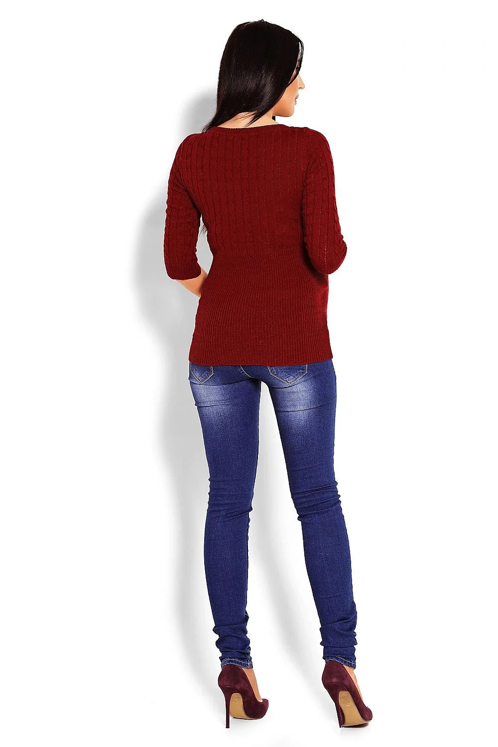 Pull maternité tricot maille torsadée rose clair confortable manches trois-quarts style élégant futures mamans