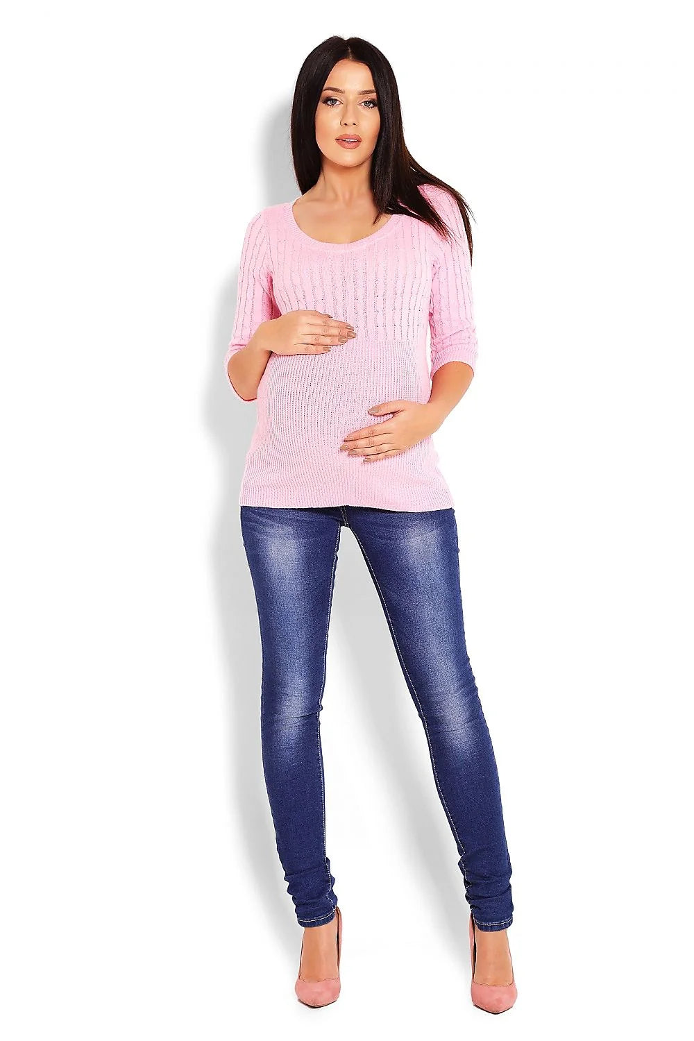 Pull maternité tricot maille torsadée rose clair confortable manches trois-quarts style élégant futures mamans