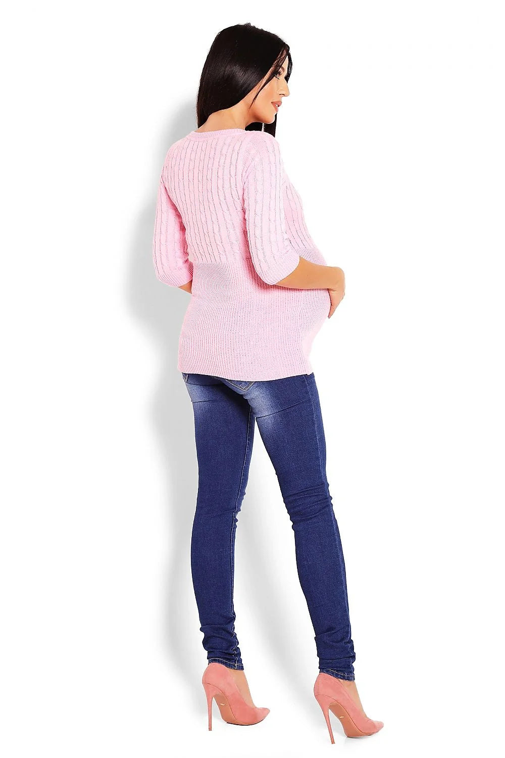 Pull maternité tricot maille torsadée rose clair confortable manches trois-quarts style élégant futures mamans