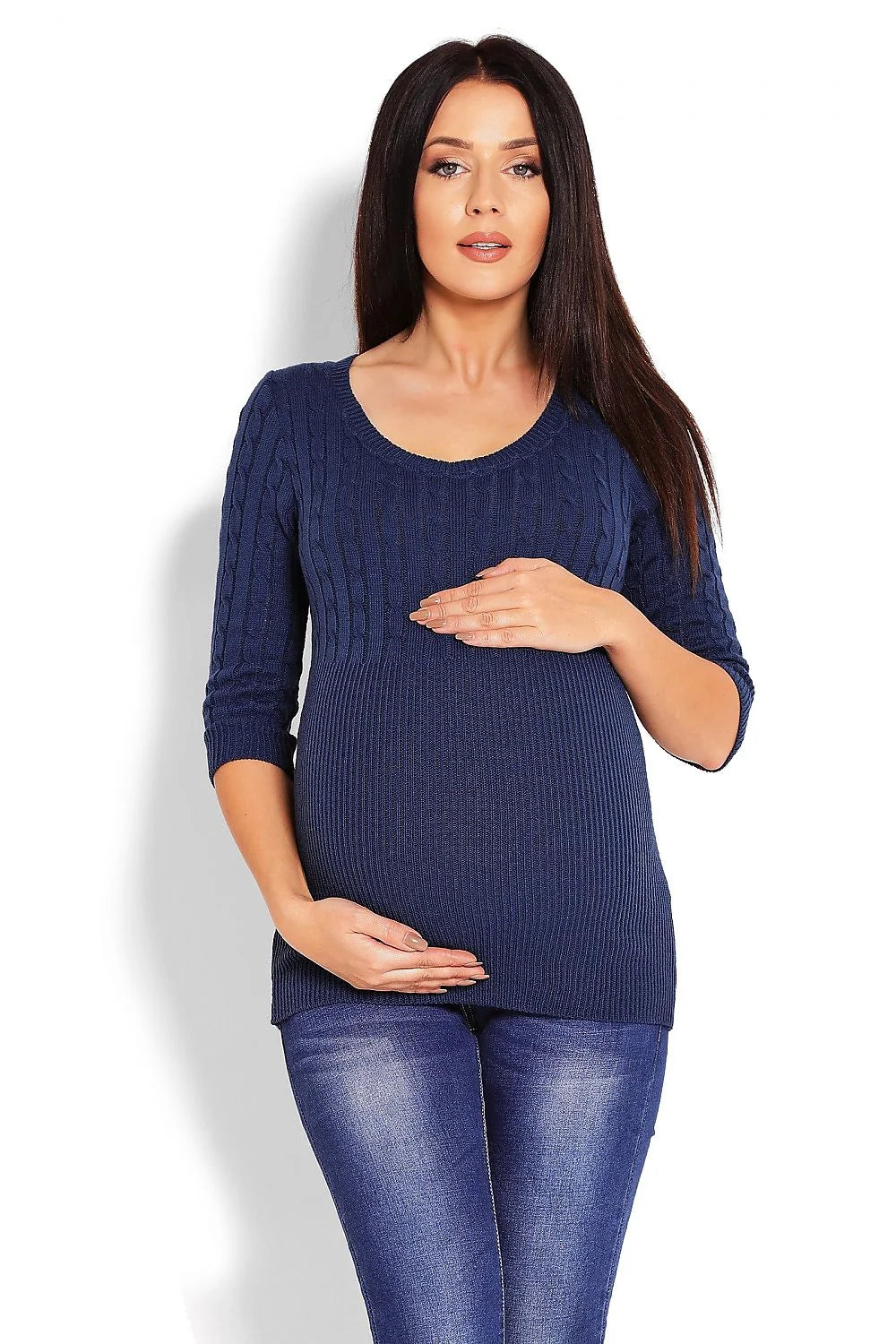 Pull maternité tricot maille torsadée rose clair confortable manches trois-quarts style élégant futures mamans