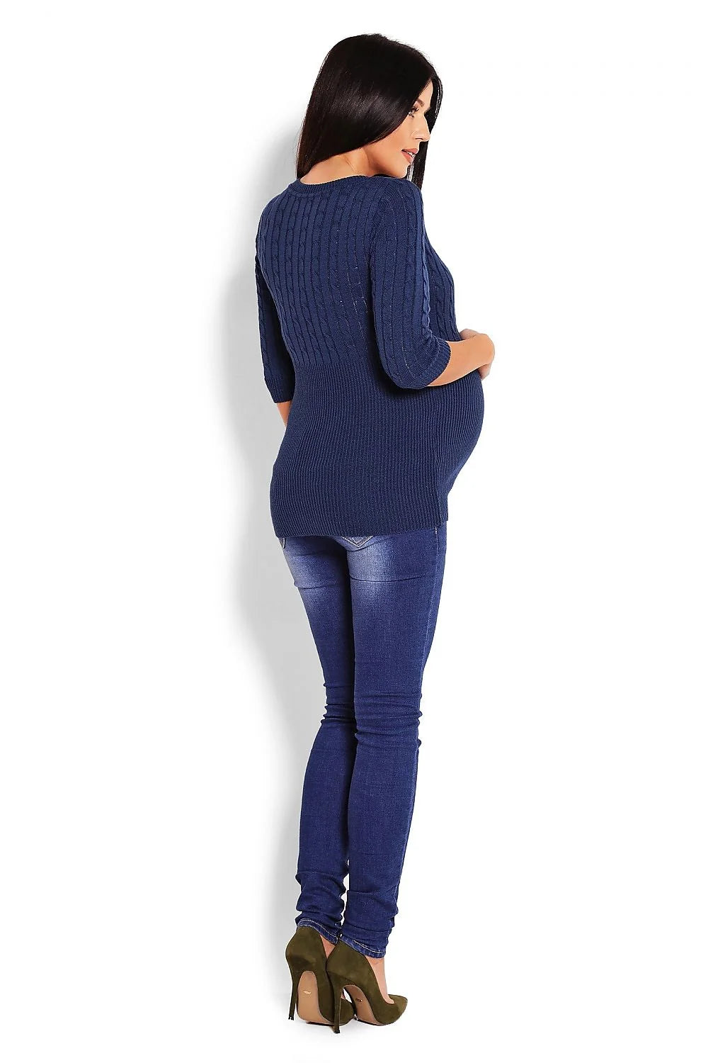 Pull maternité tricot maille torsadée rose clair confortable manches trois-quarts style élégant futures mamans