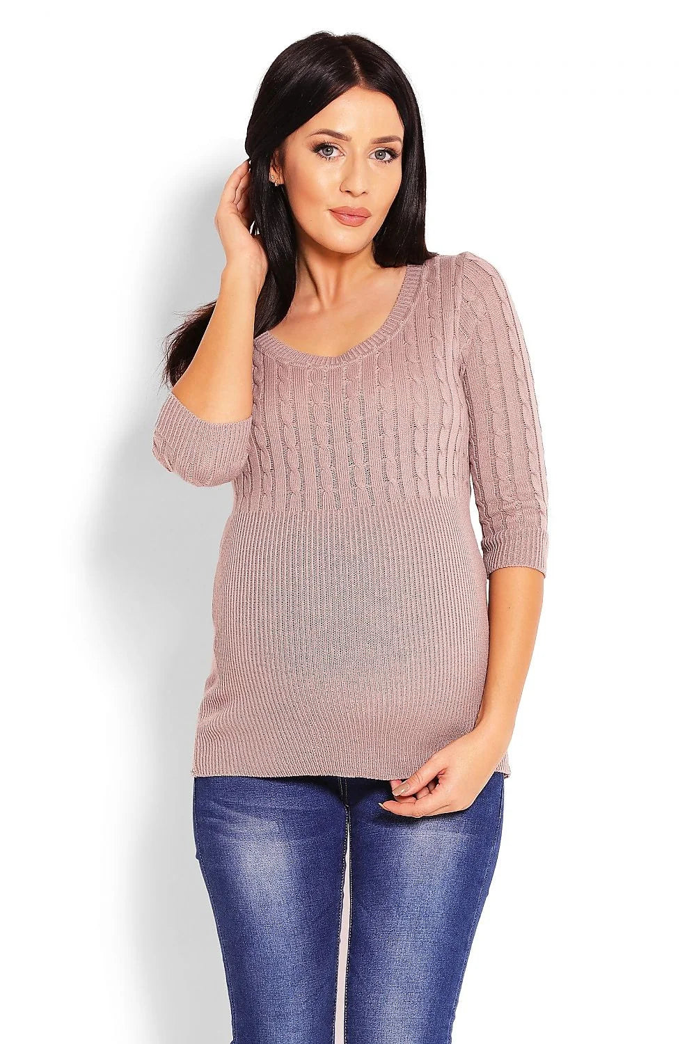 Pull maternité tricot maille torsadée rose clair confortable manches trois-quarts style élégant futures mamans