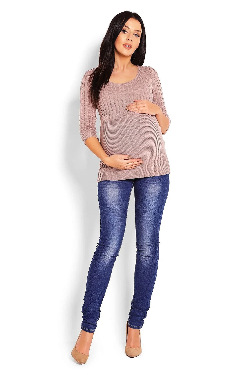 Pull maternité tricot maille torsadée rose clair confortable manches trois-quarts style élégant futures mamans
