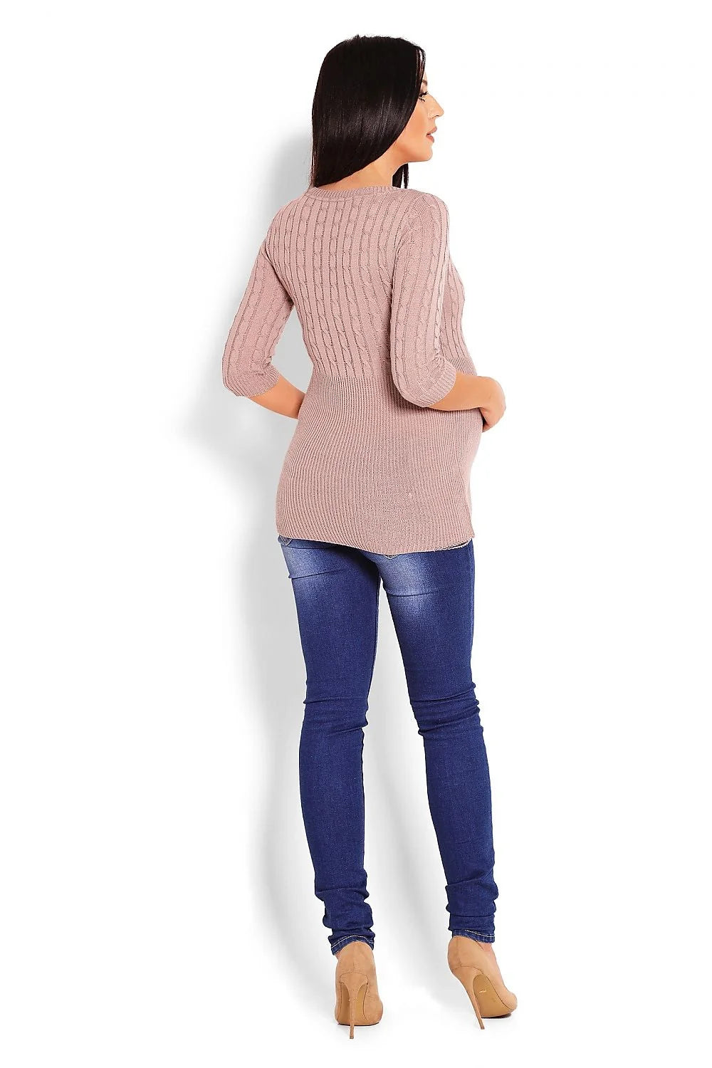 Pull maternité tricot maille torsadée rose clair confortable manches trois-quarts style élégant futures mamans