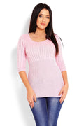 Pull Tricot Acrylique Décontracté Rose Élégant Motif Torsade Confort Manches Trois-Quarts Col Rond
