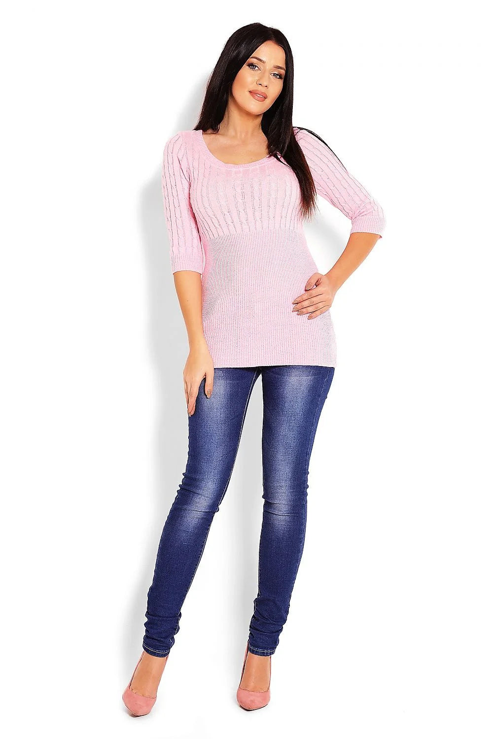 Pull Tricot Acrylique Décontracté Rose Élégant Motif Torsade Confort Manches Trois-Quarts Col Rond