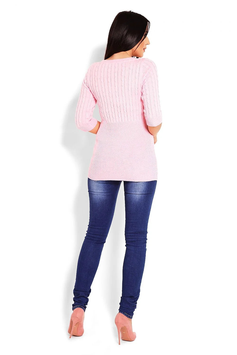Pull Tricot Acrylique Décontracté Rose Élégant Motif Torsade Confort Manches Trois-Quarts Col Rond