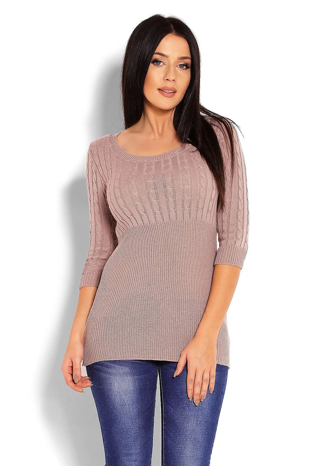 Pull Tricot Acrylique Décontracté Rose Élégant Motif Torsade Confort Manches Trois-Quarts Col Rond