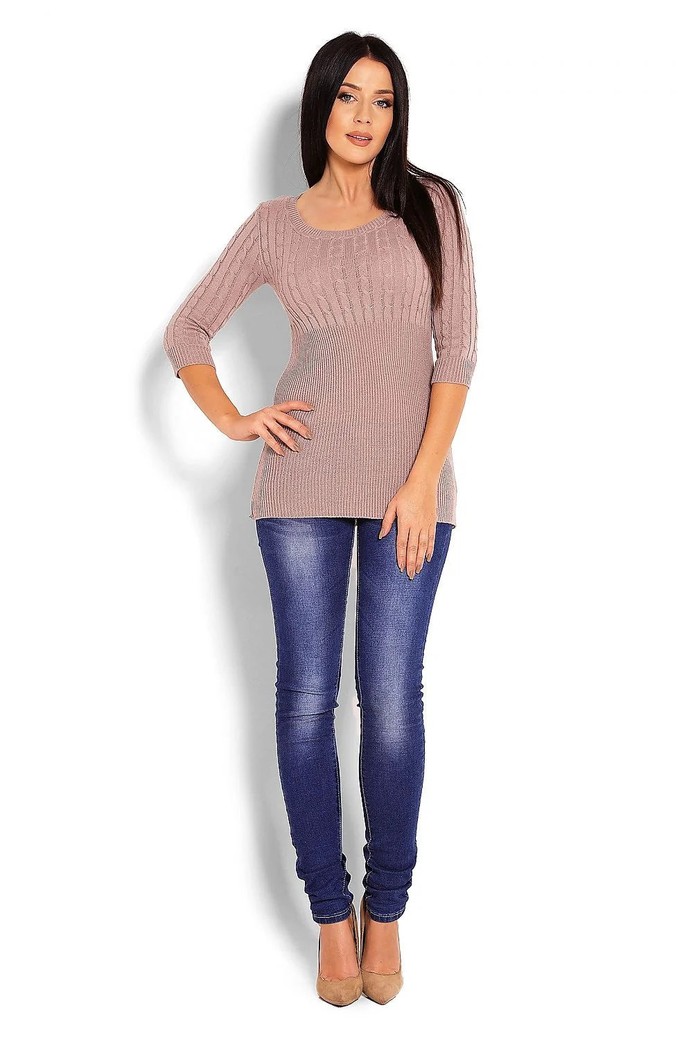 Pull Tricot Acrylique Décontracté Rose Élégant Motif Torsade Confort Manches Trois-Quarts Col Rond