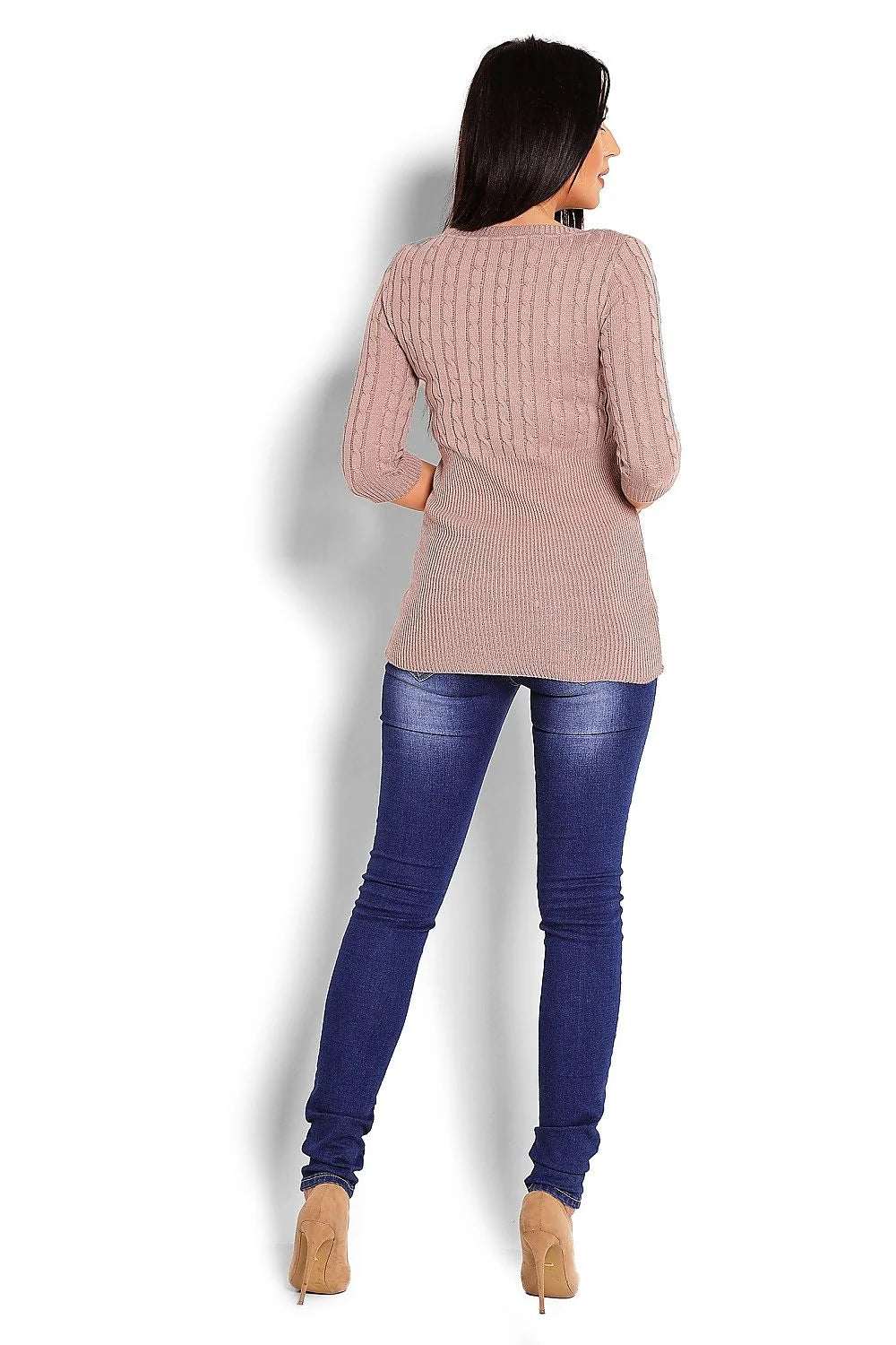Pull Tricot Acrylique Décontracté Rose Élégant Motif Torsade Confort Manches Trois-Quarts Col Rond
