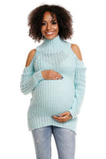 Pull tricot bleu clair épaules dénudées col roulé confortable mode maternité tendance hiver casual