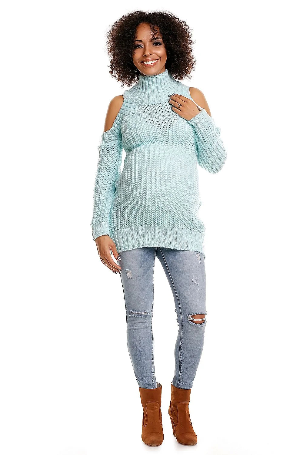 Pull tricot bleu clair épaules dénudées col roulé confortable mode maternité tendance hiver casual