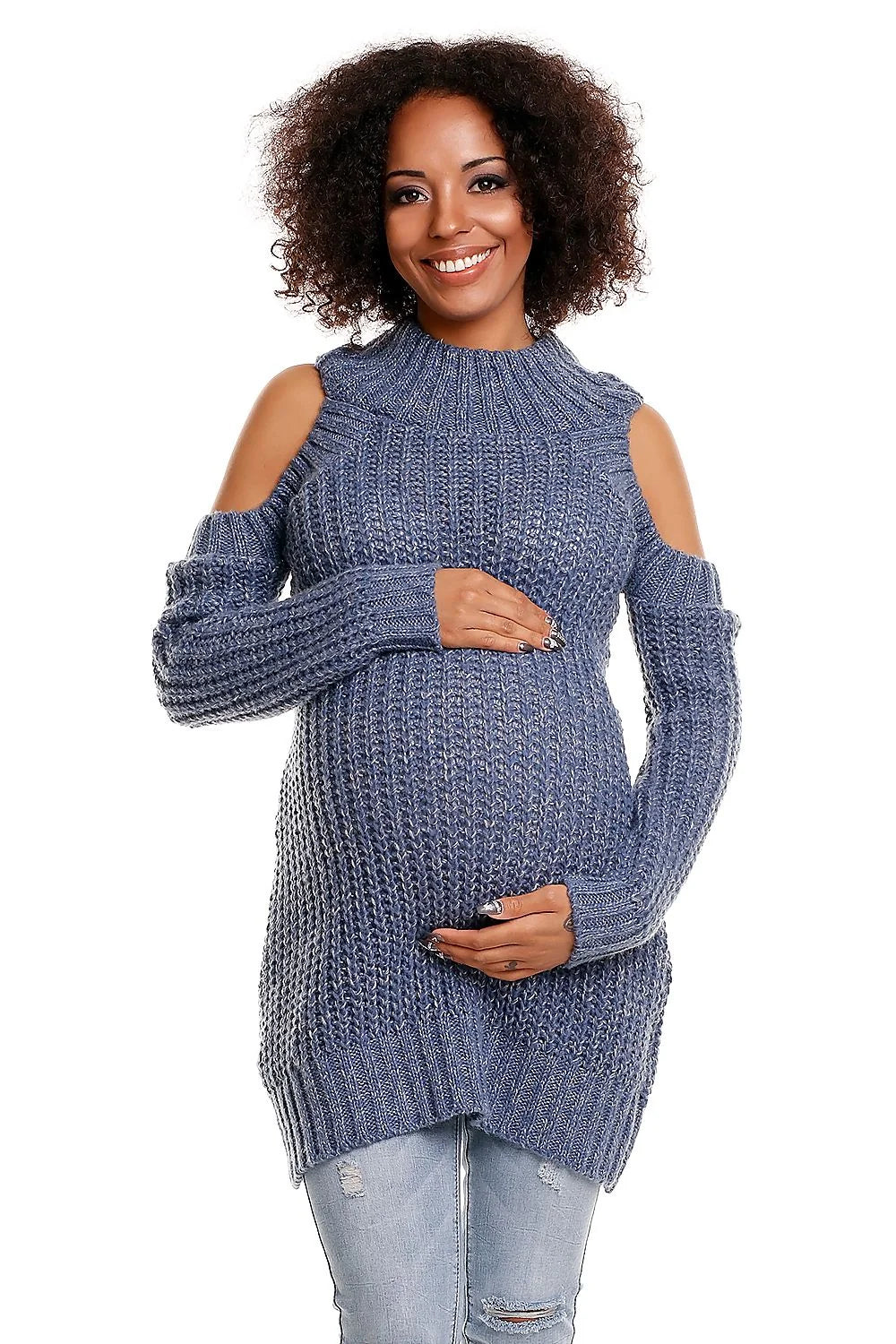 Pull tricot bleu clair épaules dénudées col roulé confortable mode maternité tendance hiver casual