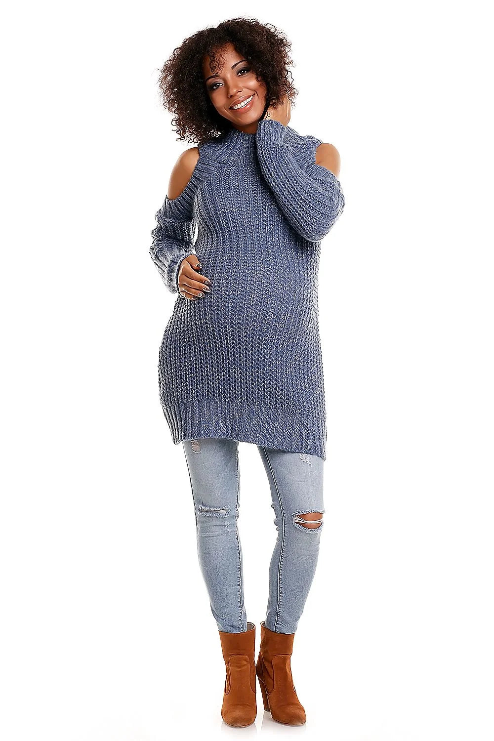 Pull tricot bleu clair épaules dénudées col roulé confortable mode maternité tendance hiver casual