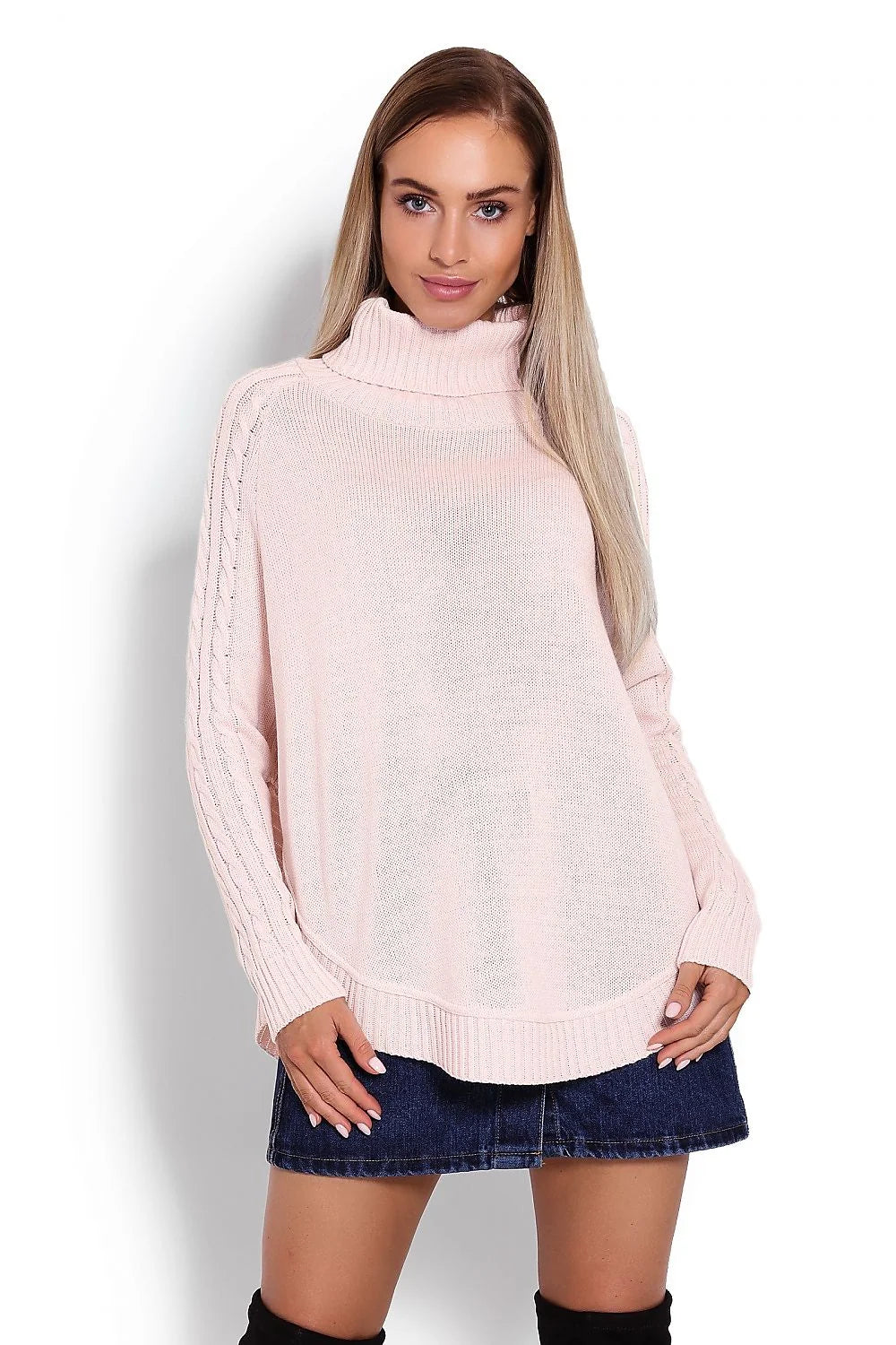 Pull tricoté col roulé ample beige rosé style décontracté confortable mode chic pour femmes