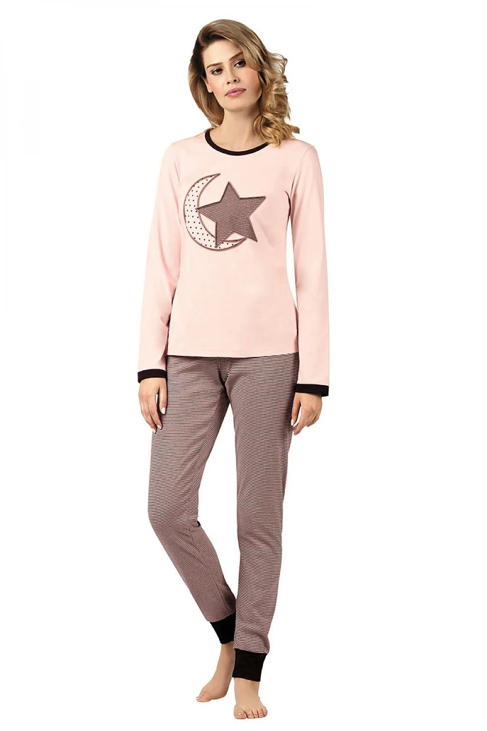 Pyjama femme coton confortable manches longues élégant rose rayé automne-hiver étoile lune nuit