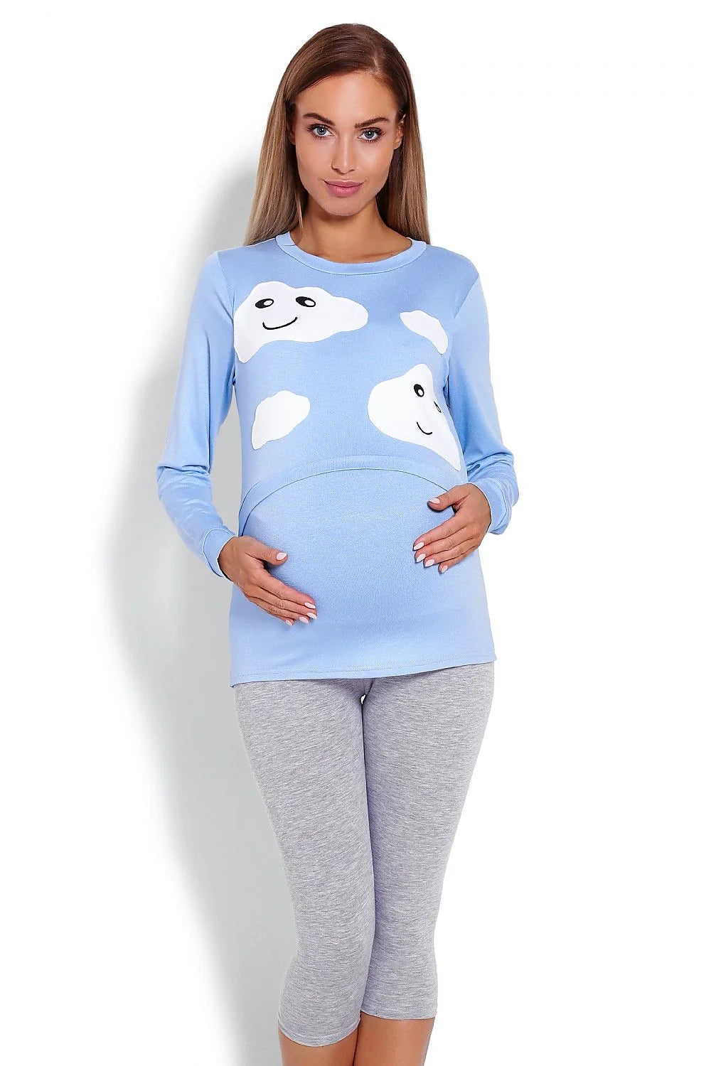Pyjama maternité coton confort design ludique imprimé nuages manches longues pour futures mamans élégantes