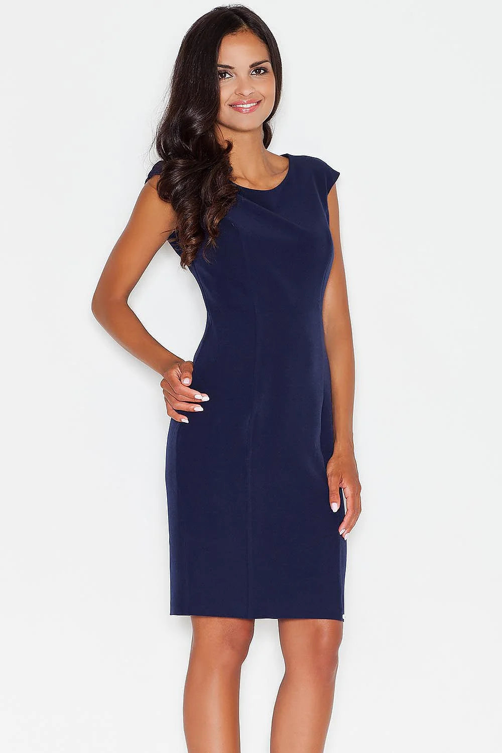 Robe ajustée bleu marine élégante manches courtes col rond pour femme style professionnel moderne