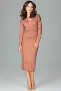 Robe ajustée jersey marron clair élégante manches longues encolure V drapée mi-mollet pour femmes