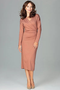 robe ajustée jersey stretch terracotta drapé portefeuille colV manches longues taille cintrée midi féminine bureau soirée viscose