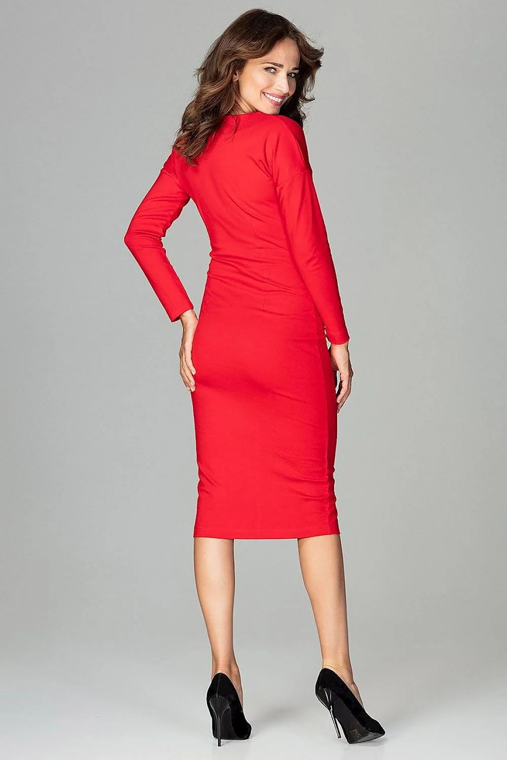 Robe ajustée jersey marron clair élégante manches longues encolure V drapée mi-mollet pour femmes