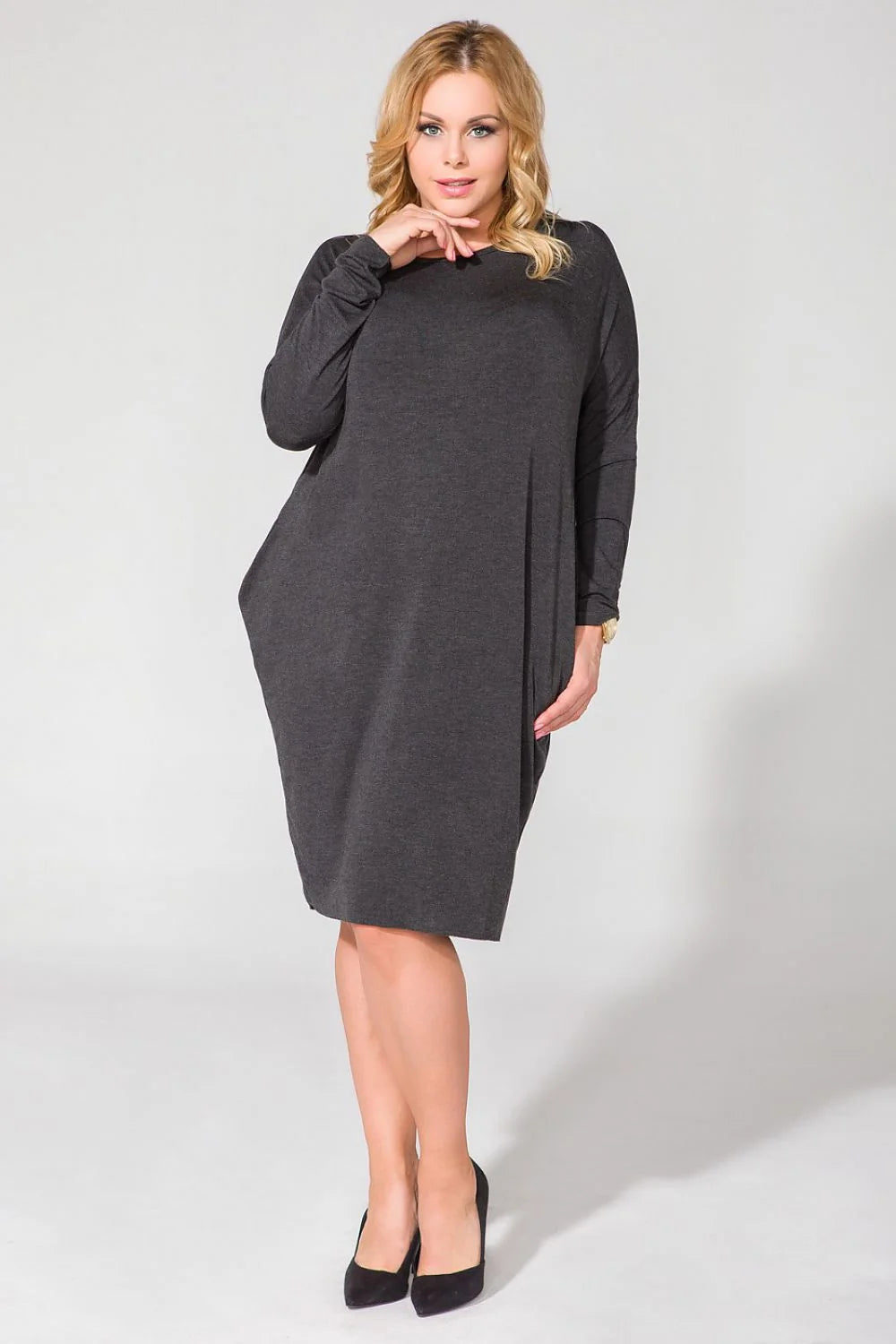 Robe ample en coton gris foncé décontractée manches longues confort mode casual pour femmes