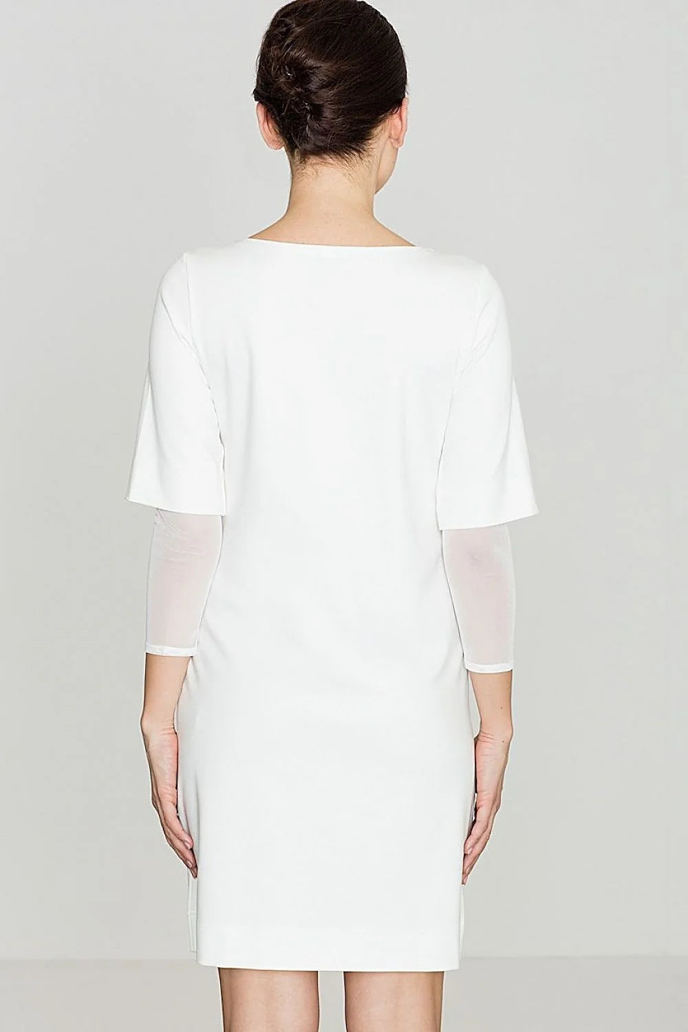 Robe blanche coton élégante avec insert tulle manches mi-longues décontracté chic pour soirées spéciales