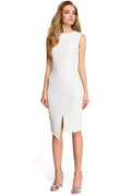 Robe blanche polyester chic sans manches élégante fente ajustée col rond pour bureau et soirée